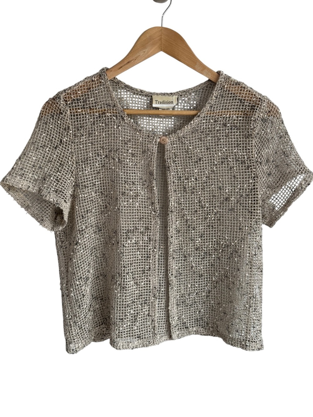 Vintage Open Knit Short Sleeve Cardigan Sweater Womens M Beige Boxy Cropped EUC